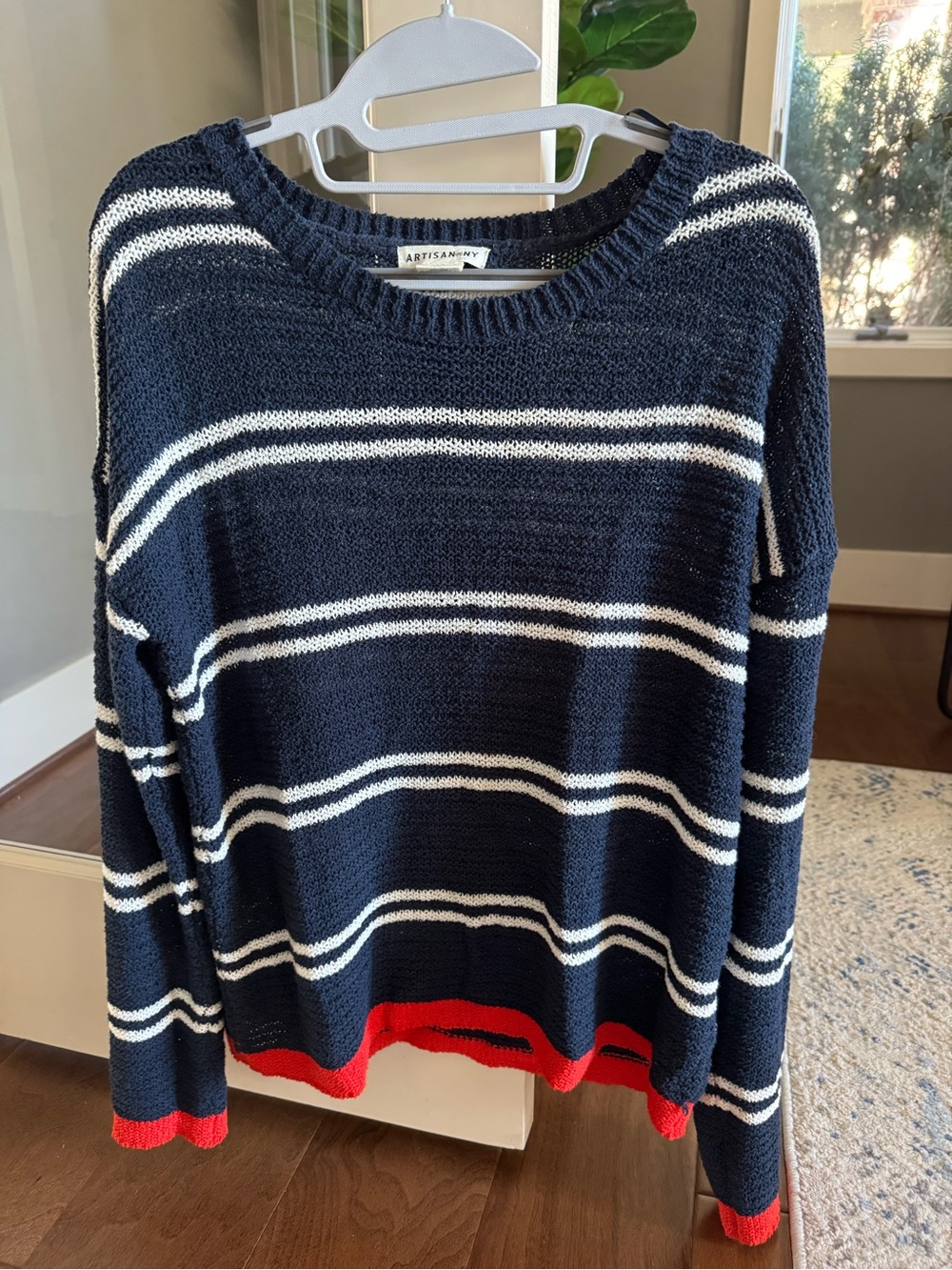 Artisan Ny Navy and White Striped Crewneck Sweater with Red Hem